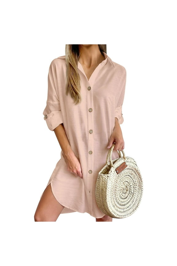 Fall Shirt Dresses for Women 2024 Lapel Solid Color Button Down Long Sleeve Elegant Going Out Work Dress Pink M