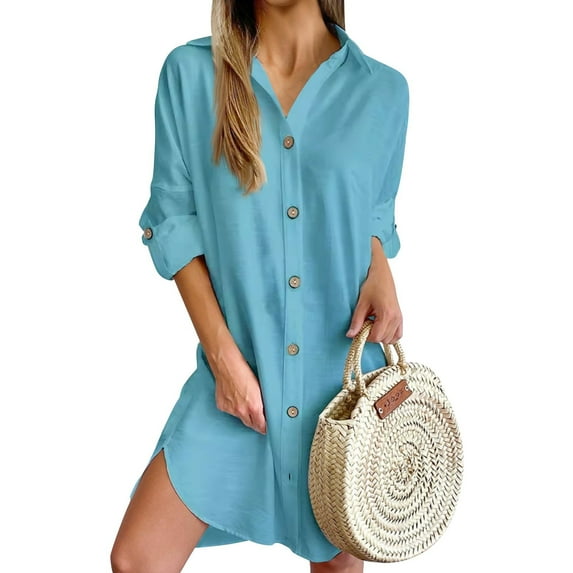 Mohiass Fall Shirt Dresses for Women 2024 Lapel Solid Color Button Down Long Sleeve Elegant Going Out Work Dress Sky Blue XL