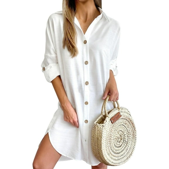 Mohiass Fall Shirt Dresses for Women 2024 Lapel Solid Color Button Down Long Sleeve Elegant Going Out Work Dress White M