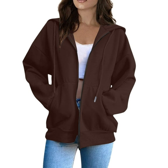 Mohiass Fall Zip Up Hoodie Women Plain Oversized Hooded Sweatshirts 2025 Fashion Winter Soft Casual Warm Jackets Coffee L