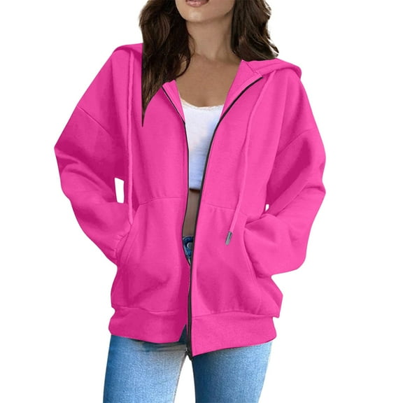 Mohiass Fall Zip Up Hoodie Women Plain Oversized Hooded Sweatshirts 2025 Fashion Winter Soft Casual Warm Jackets Hot Pink M