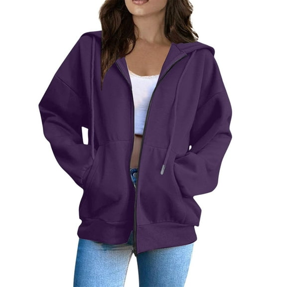 Mohiass Fall Zip Up Hoodie Women Plain Oversized Hooded Sweatshirts 2025 Fashion Winter Soft Casual Warm Jackets Purple L