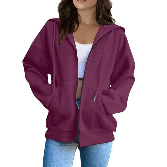 Mohiass Fall Zip Up Hoodie Women Plain Oversized Hooded Sweatshirts 2025 Fashion Winter Soft Casual Warm Jackets Red XL