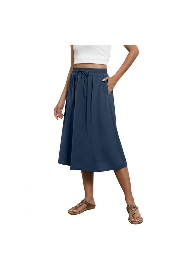 Flowy Skirt Midi Length Elastic High Waist A-Line Skirt with Pockets Bohemia for Women 2024 Trendy Navy L