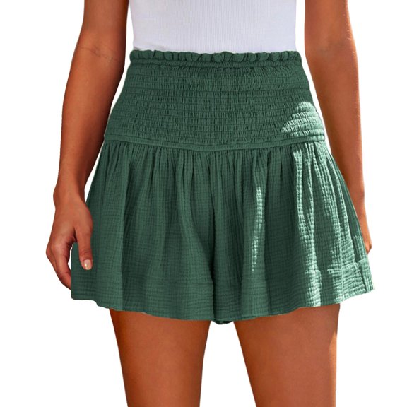 Mohiass Flowy Skorts for Women High Waisted Ruffle Flutter Linen Shorts Tummy Control Boho Smocked Summer Beach Shorts Dark Green M