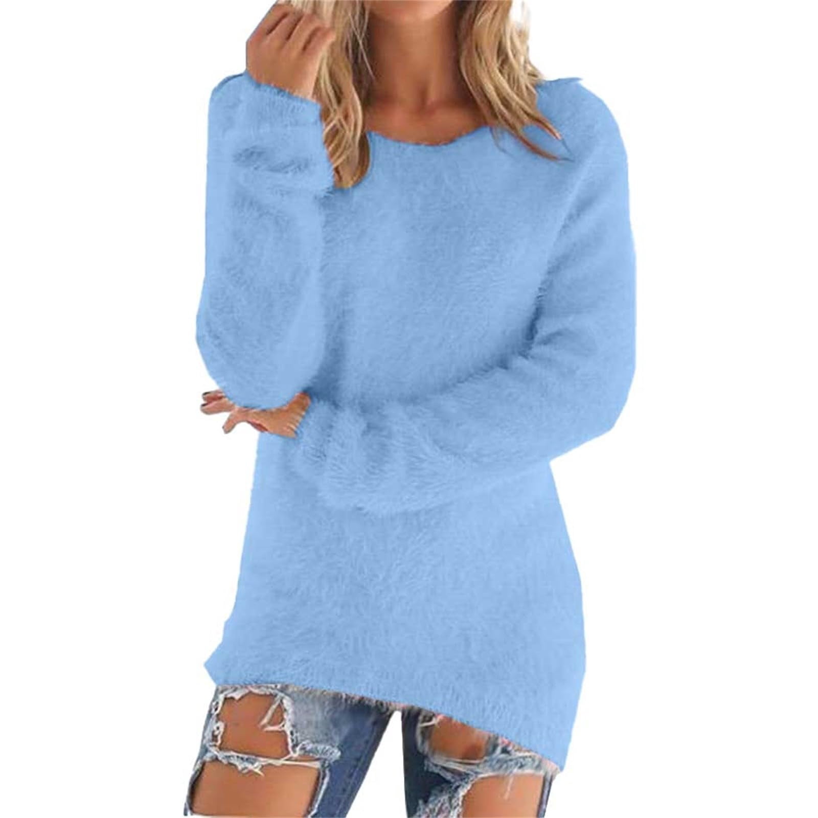 Mohiass Fluffy Fuzzy Sweater for Women Casual Crewneck Loose Long