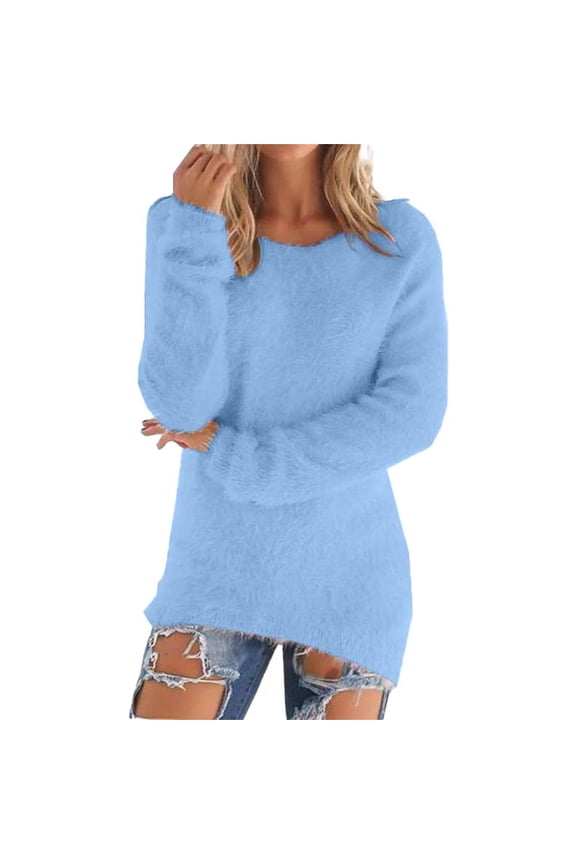 Fluffy Fuzzy Sweater for Women Casual Crewneck Loose Long Sleeve Pullover Tops Winter Warm Baggy Jumper Sweaters Blue S