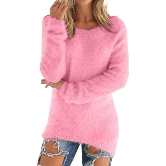 Mohiass Fluffy Fuzzy Sweater for Women Casual Crewneck Loose Long Sleeve Pullover Tops Winter Warm Baggy Jumper Sweaters Hot Pink XL