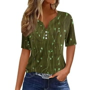 Mohiass Going Out Tops Casual Floral Trendy T Shirts Short Sleeve 2024 Button Down Tunic Tops Henley V Neck Summer Dressy Shirts for Women Army Green M