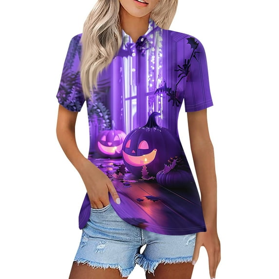 Mohiass Halloween Polo Shirts for Women 2024 Short Sleeve Pumpkin Ghost Bat Pattern Tops Button V Neck Business Collared Shirts Casual Dressy Blouses Dark Purple L