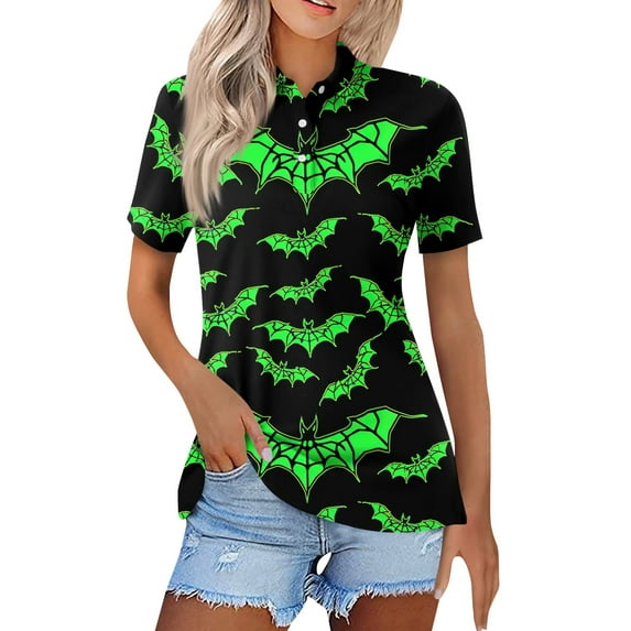 Mohiass Halloween Polo Shirts for Women 2024 Short Sleeve Pumpkin Ghost Bat Pattern Tops Button V Neck Business Collared Shirts Casual Dressy Blouses Army Green 3XL