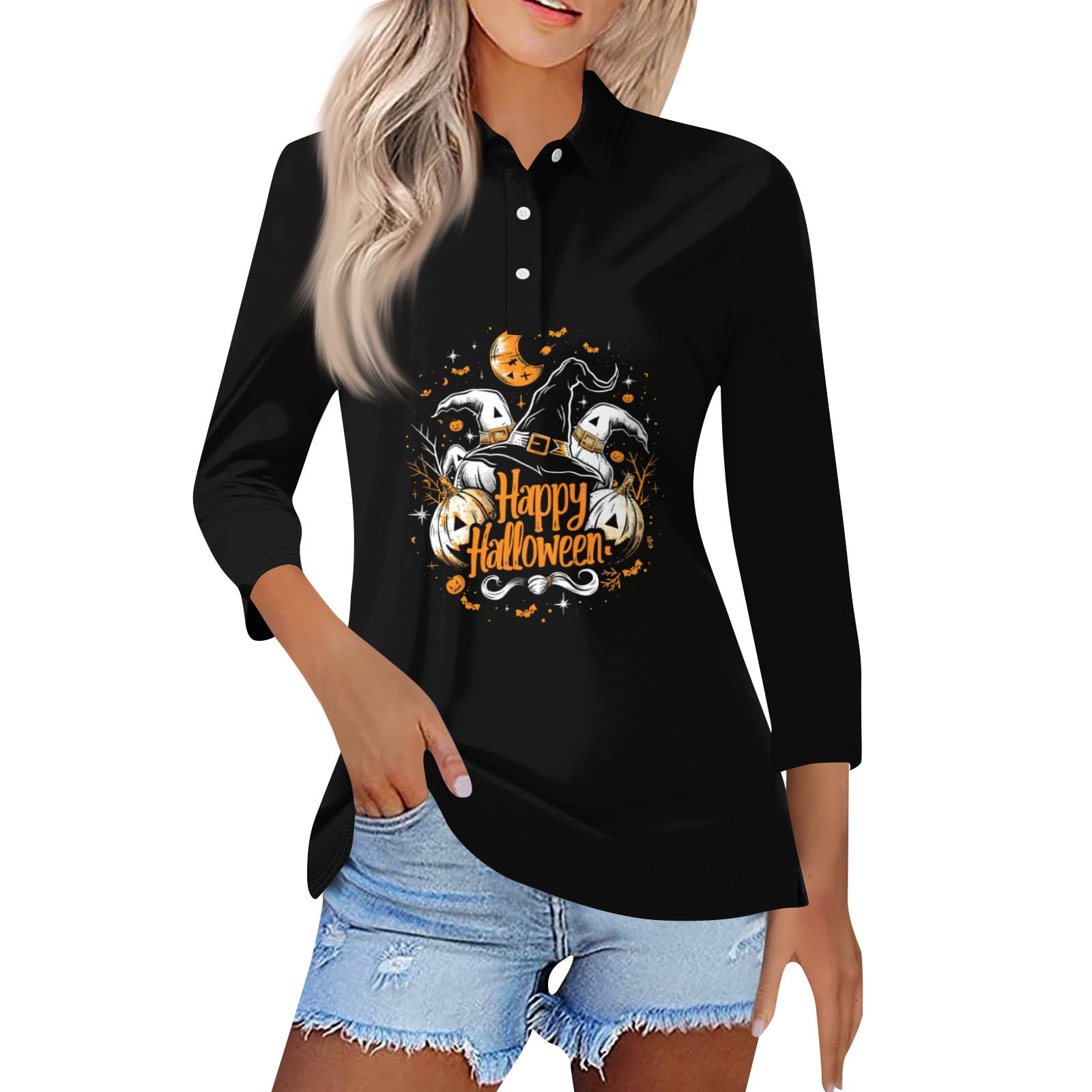 Mohiass Halloween Shirts for Women 3/4 Sleeve Horror Pumpkin Polo Shirt ...