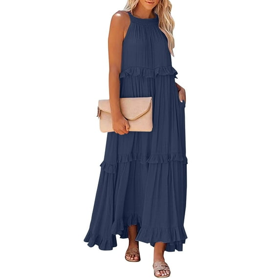 Mohiass Halter Casual Sleeveless Maxi Dress for Women 2024 Ruched Solid Color Ruffle Long Dress Navy L