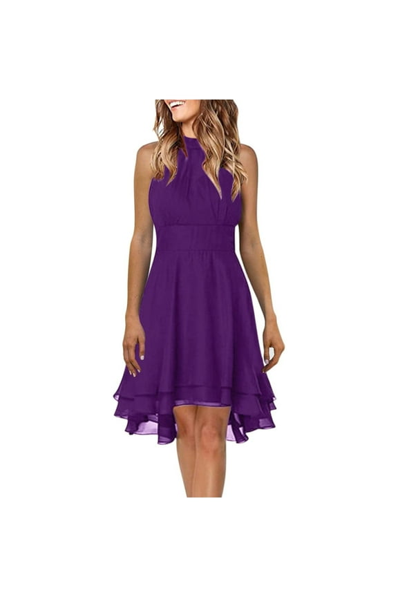 Halter Chiffon Bridesmaid Dresses for Wedding A Line Ruffle Formal Evening Gowns Purple 2XL