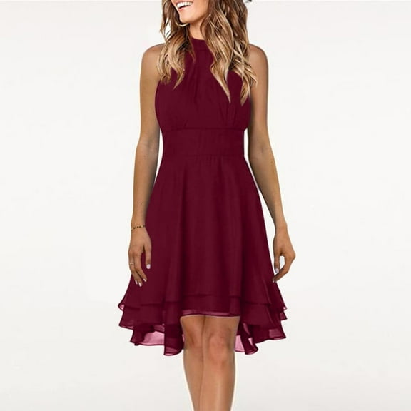 Mohiass Halter Chiffon Bridesmaid Dresses for Wedding A Line Ruffle Formal Evening Gowns Wine 5XL