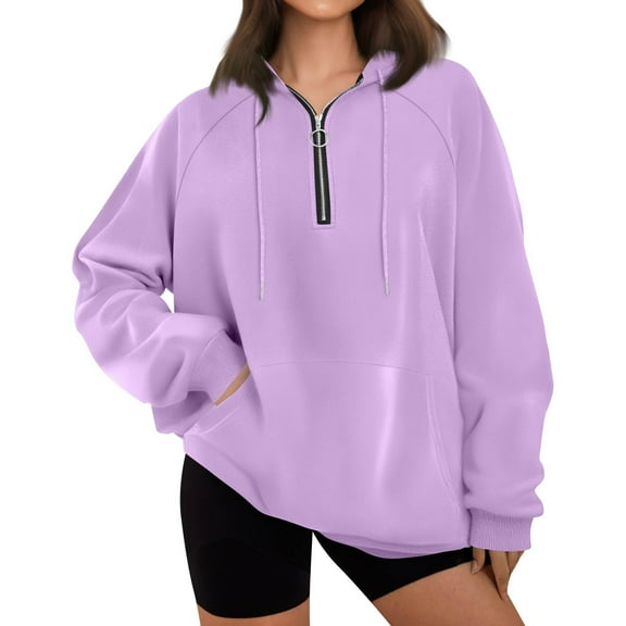 Mohiass Women Hoodies Casual Half Zip Sweatshirt Drawstring Long Sleeve Pullover Fall Winter Clothes with Pockets Light Purple 2XL