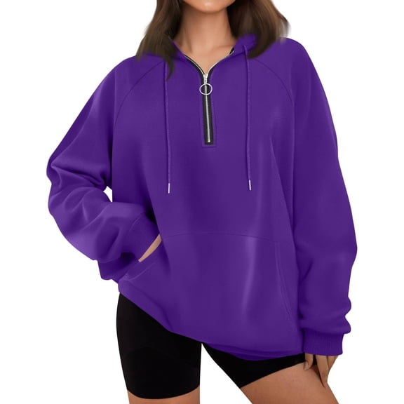 Mohiass Women Hoodies Casual Half Zip Sweatshirt Drawstring Long Sleeve Pullover Fall Winter Clothes with Pockets Purple M