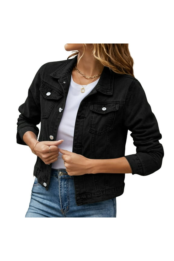 Jean Jacket for Women Trendy Cropped Long Sleeve Denim Jacket Colored Lightweight Jeans Jackets Trucker Coat Black 2XL