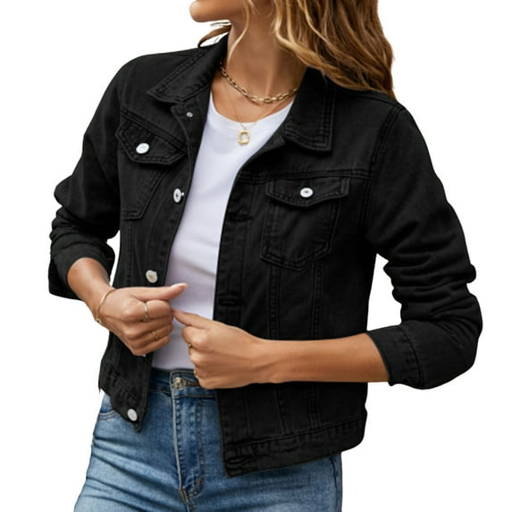 Mohiass Jean Jacket for Women Trendy Cropped Long Sleeve Denim Jacket Colored Lightweight Jeans Jackets Trucker Coat Black M