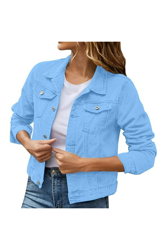 Jean Jacket for Women Trendy Cropped Long Sleeve Denim Jacket Colored Lightweight Jeans Jackets Trucker Coat Light Blue L