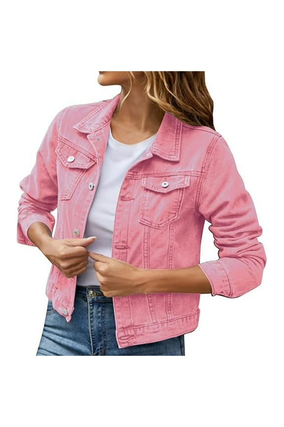 Jean Jacket for Women Trendy Cropped Long Sleeve Denim Jacket Colored Lightweight Jeans Jackets Trucker Coat Pink XL