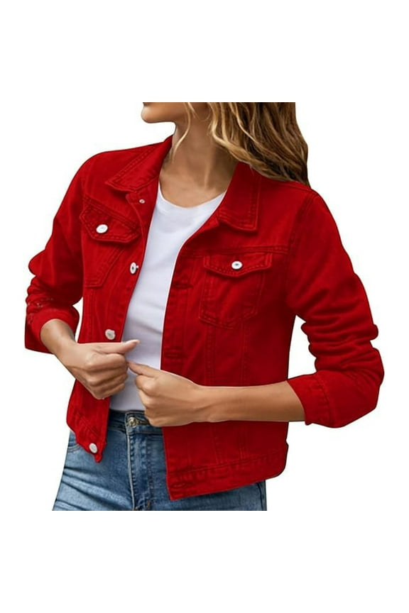 Jean Jacket for Women Trendy Cropped Long Sleeve Denim Jacket Colored Lightweight Jeans Jackets Trucker Coat Red S
