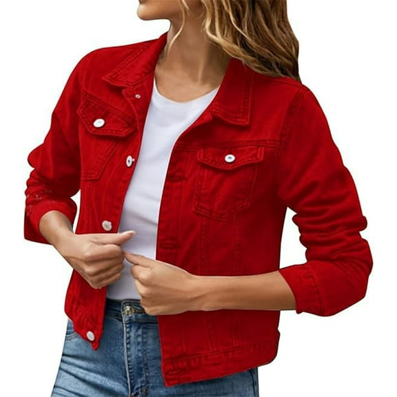 Mohiass Jean Jacket for Women Trendy Cropped Long Sleeve Denim Jacket Colored Lightweight Jeans Jackets Trucker Coat Red XL