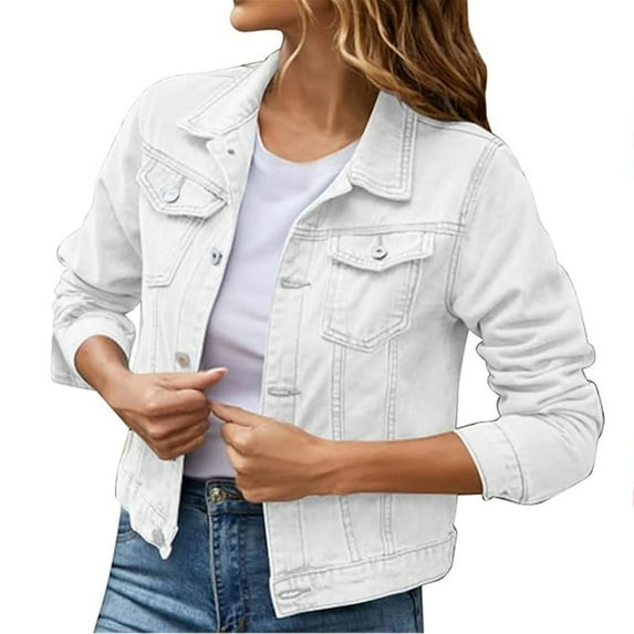 Mohiass Jean Jacket for Women Trendy Cropped Long Sleeve Denim Jacket Colored Lightweight Jeans Jackets Trucker Coat White S