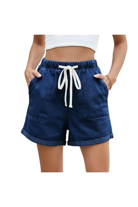 Jean Shorts for Women Drawstring Elastic High Waist Roll Up Hem Summer Casual Baggy Stretchy Denim Shorts Jorts 2025 Dark Blue L