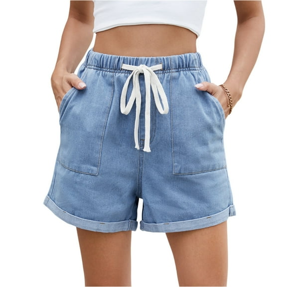 Mohiass Jean Shorts for Women Drawstring Elastic High Waist Roll Up Hem Summer Casual Baggy Stretchy Denim Shorts Jorts 2025 Light Blue L