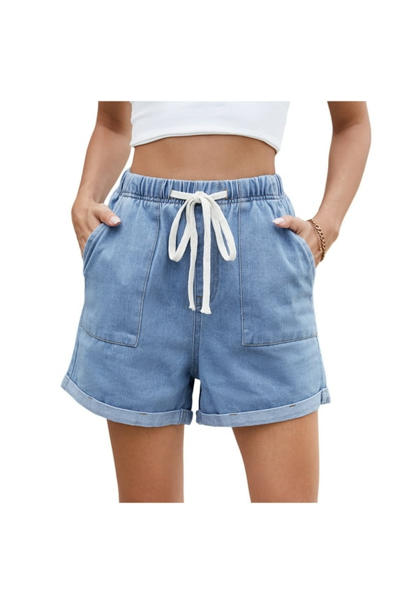 Jean Shorts for Women Drawstring Elastic High Waist Roll Up Hem Summer Casual Baggy Stretchy Denim Shorts Jorts 2025 Light Blue XL