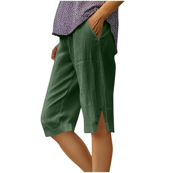 Mohiass Linen Bermuda Shorts for Women Knee Length Casual Summer Capri Pants Lightweight Beach Shorts with Pockets Dark Green M