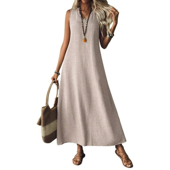 Mohiass Linen Dresses for Women 2025 V Neck Sleeveless Maxi Dress Summer Casual Tank Dress Beach Vacation Flowy Sundresses Beige 2XL