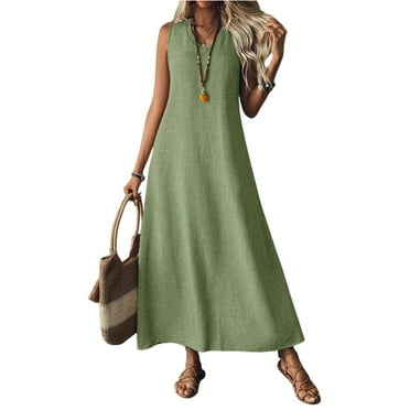 Mohiass Linen Dresses for Women 2025 V Neck Sleeveless Maxi Dress Summer Casual Tank Dress Beach Vacation Flowy Sundresses Green XL