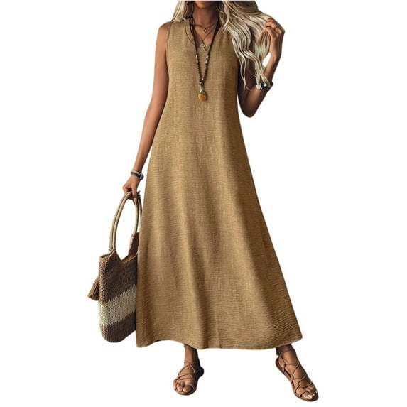 Mohiass Linen Dresses for Women 2025 V Neck Sleeveless Maxi Dress Summer Casual Tank Dress Beach Vacation Flowy Sundresses Light Brown L