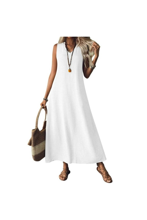 Linen Dresses for Women 2025 V Neck Sleeveless Maxi Dress Summer Casual Tank Dress Beach Vacation Flowy Sundresses White XL