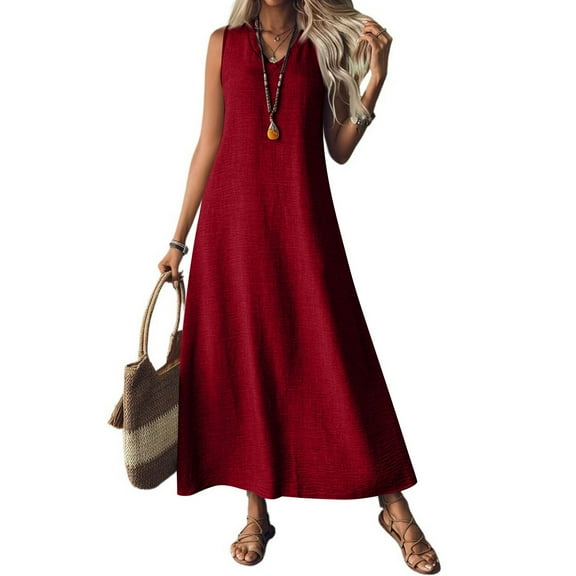Mohiass Linen Dresses for Women 2025 V Neck Sleeveless Maxi Dress Summer Casual Tank Dress Beach Vacation Flowy Sundresses Wine L