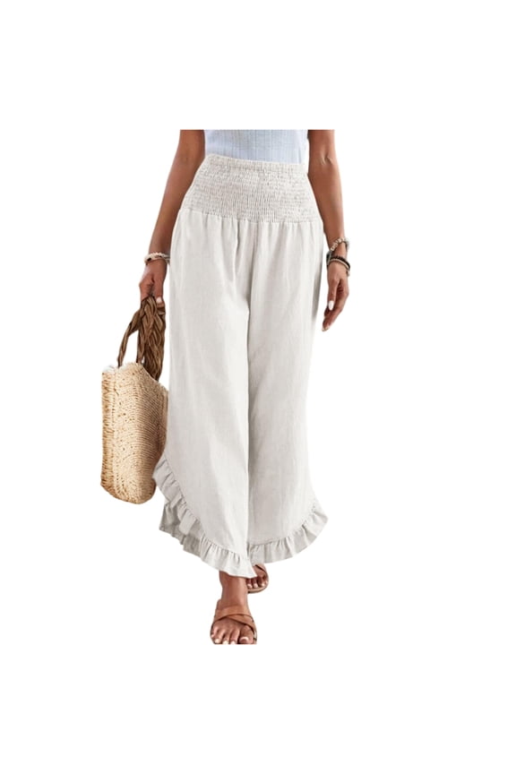 Linen Pants for Women with Leg Ruffle Boho Wide Leg Smocked Waist Pants Flowy 2025 Ruffle Hem Trousers Summer Beach Palazzo Pants with Pockets White S