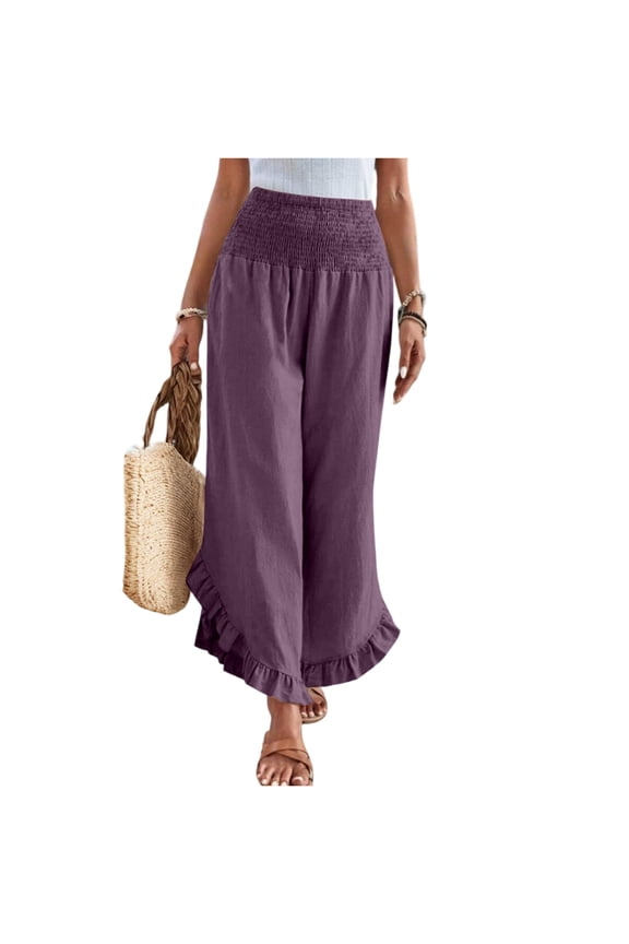 Linen Pants for Women with Leg Ruffle Summer Flowy Smocked Waist Pants Wide Leg 2025 Palazzo Pants Beach Boho Ruffle Hem Trousers with Pockets Purple 3XL