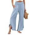 thumbnail image 1 of Mohiass Linen Pants for Women 2025 Flowy Smocked Waist Pants Wide Leg Beach Ruffle Hem Trousers Summer Boho Palazzo Pants with Pockets Sky Blue S, 1 of 5