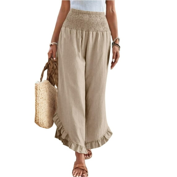 Mohiass Linen Ruffle Hem Pants for Women Summer Flowy Smocked Waist Pants Wide Leg 2025 Palazzo Pants Boho Beach Trousers with Pockets Khaki L