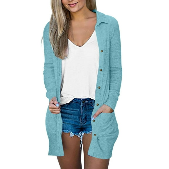 Mohiass Long Cardigans for Women Open Front Trendy Lightweight Cardigans Lapel Button Down Thin Cardigan Sweaters with Pocket Light Blue 2XL