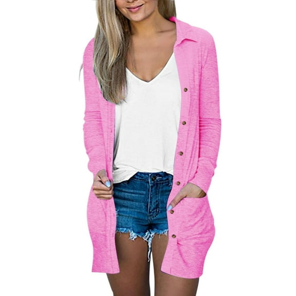 Mohiass Long Cardigans for Women Open Front Trendy Lightweight Cardigans Lapel Button Down Thin Cardigan Sweaters with Pocket Pink M