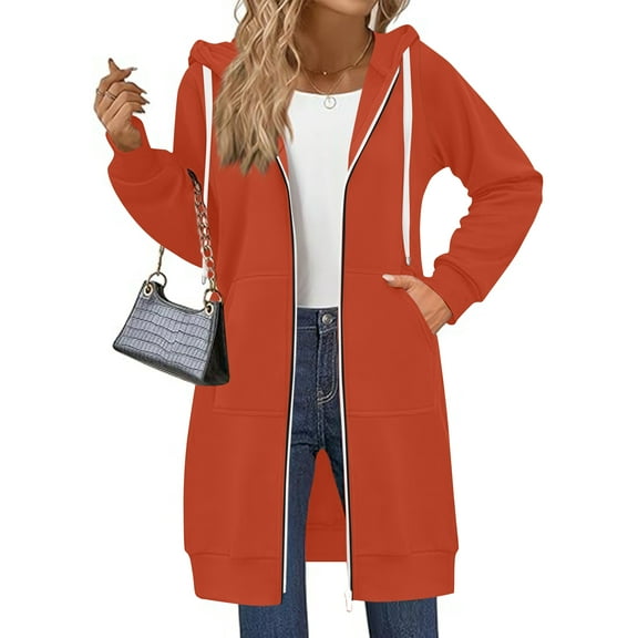 Mohiass Long Hoodies For Women Zip Up Double Zipper Fleece Jacket Long Sleeve Tunic Sweatshirts With Pockets Orange L