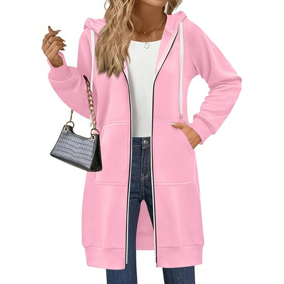 Mohiass Long Hoodies For Women Zip Up Double Zipper Fleece Jacket Long Sleeve Tunic Sweatshirts With Pockets Pink L