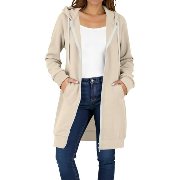 Mohiass Long Hoodies for Women Long Sleeve Zipper Fleece Sweatshirts Oversized Fall Fleece Jacket Coat with Pockets 2025 Beige 2XL