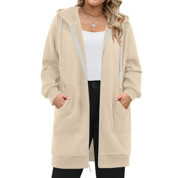 Mohiass Long Hoodies for Women Long Sleeve Zipper Fleece Sweatshirts Oversized Fall Fleece Jacket Coat with Pockets 2025 Beige 2XL