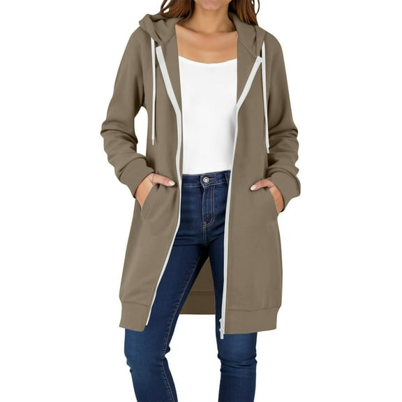 Mohiass Long Hoodies for Women Long Sleeve Zipper Fleece Sweatshirts Oversized Fall Fleece Jacket Coat with Pockets 2025 Khaki 2XL