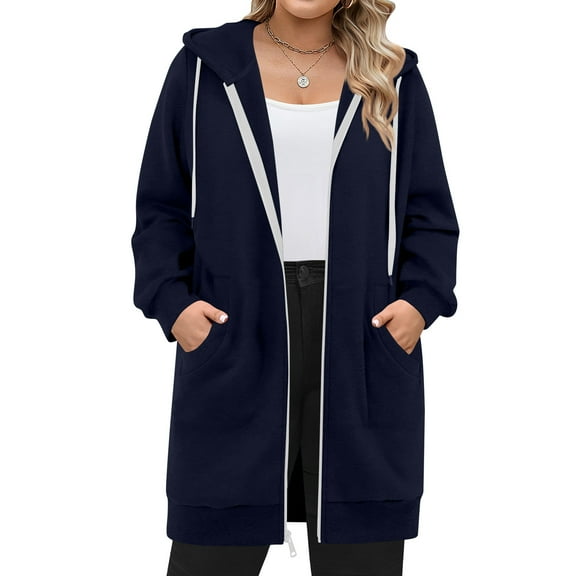 Mohiass Long Hoodies for Women Long Sleeve Zipper Fleece Sweatshirts Oversized Fall Fleece Jacket Coat with Pockets 2025 Navy 2XL