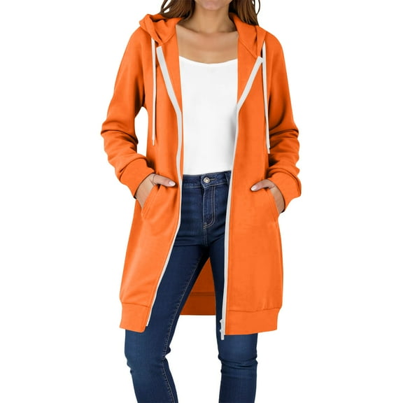 Mohiass Long Hoodies for Women Long Sleeve Zipper Fleece Sweatshirts Oversized Fall Fleece Jacket Coat with Pockets 2025 Orange M